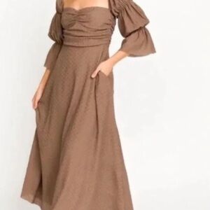 Chic Brown Midi Dress with Puff Sleeves